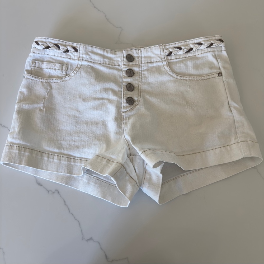 Free People off white denim shorts with braided detail
